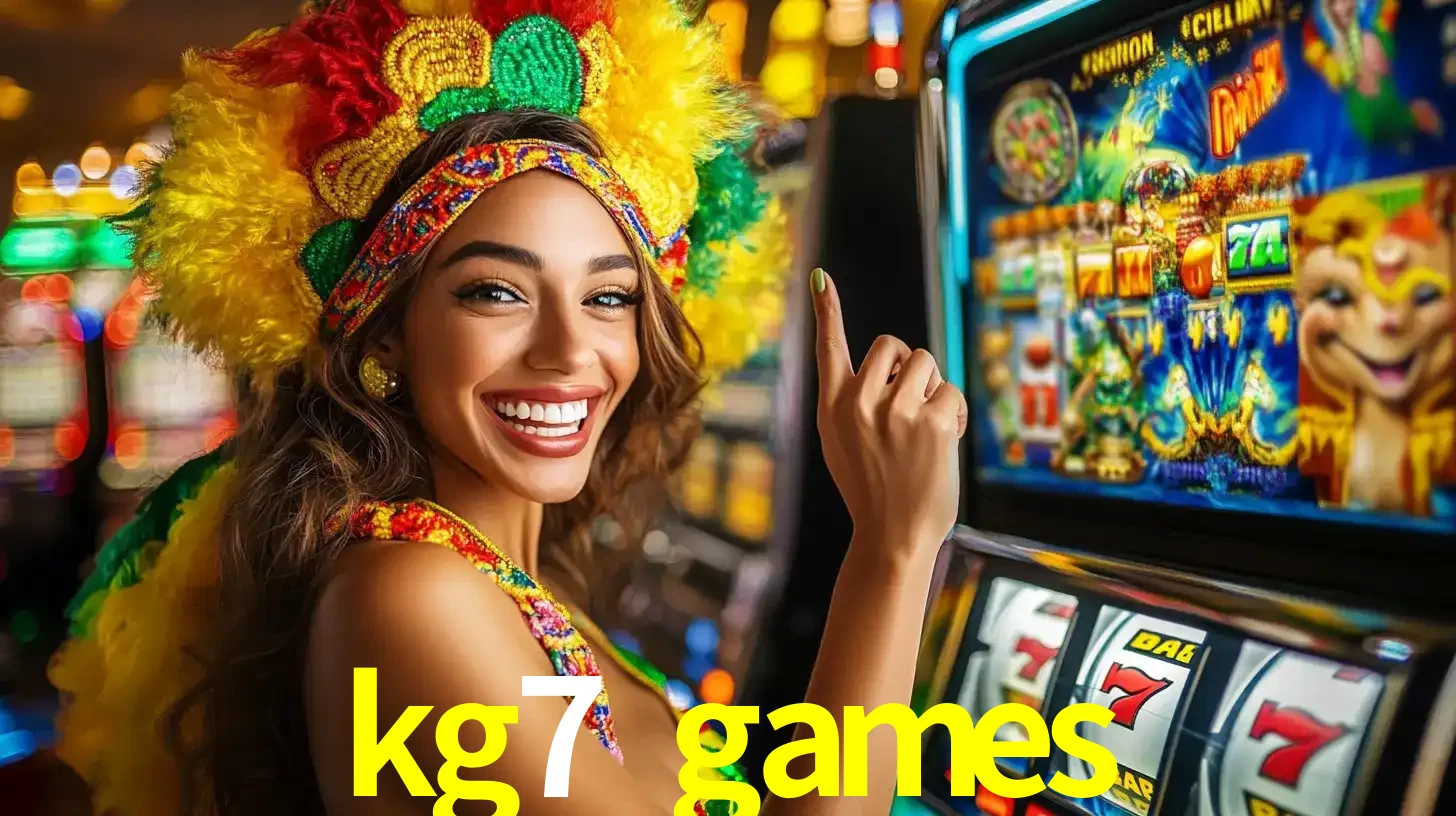 Mulher animada com um cocar de carnaval apontando para uma máquina de caça-níqueis, mostrando a emoção de ganhar um grande prêmio nos jogos do kg7 games.