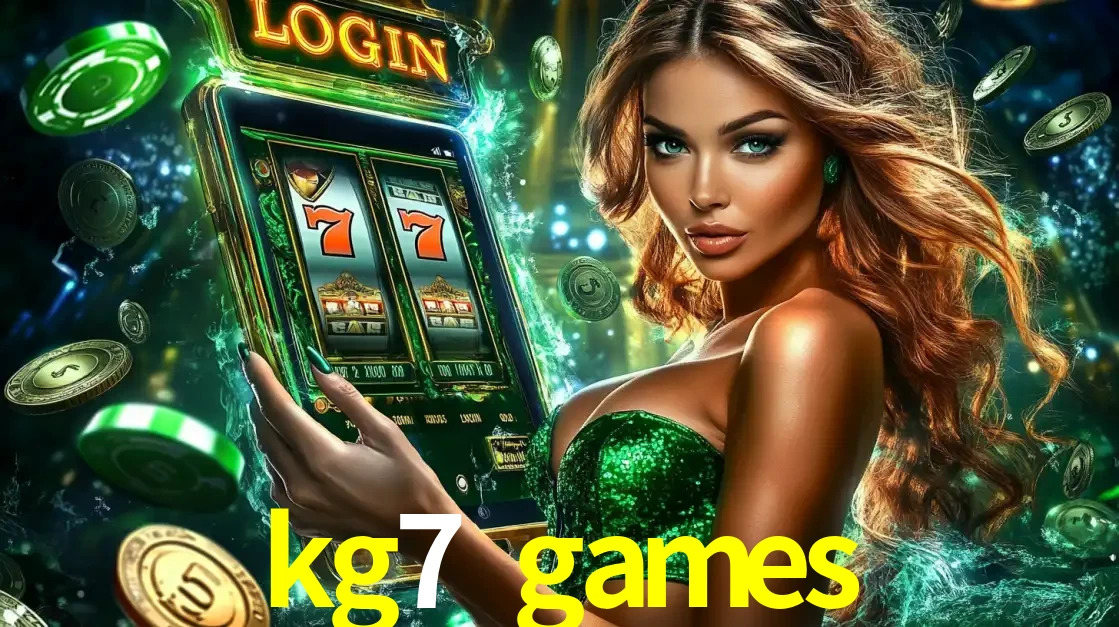 Mulher com tema verde apresentando o aplicativo do cassino kg7 games com um jogo de slot de 777, cercada por fichas de cassino e uma aura de sorte.