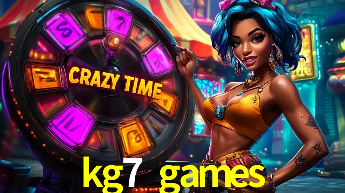 Mulher estilizada com cabelo azul e visual vibrante posando ao lado da roda de prêmios do game show Crazy Time, convidando para a diversão e os bônus do cassino kg7 games.