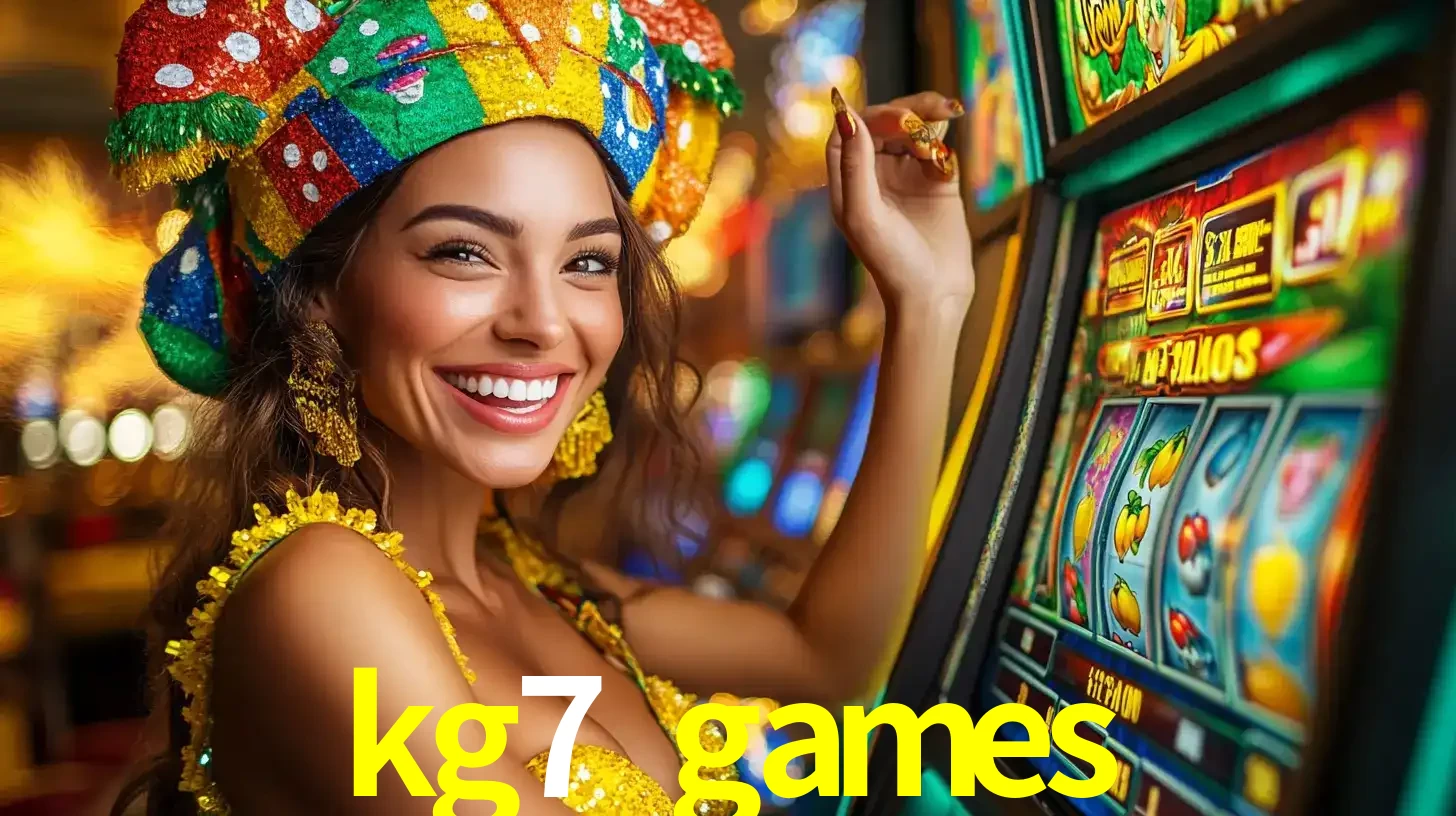 Mulher feliz com traje de carnaval amarelo e colorido ao lado de uma máquina de caça-níqueis, aproveitando a diversão e os jogos temáticos do cassino kg7 games.